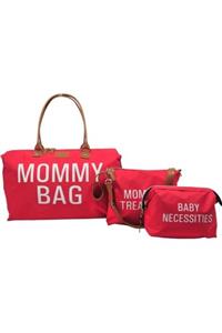 Babysi Mommy Bag Tasarım 3 Lü Set Kırmızı Anne Bebek Bakım Ve Kadın Çantası
