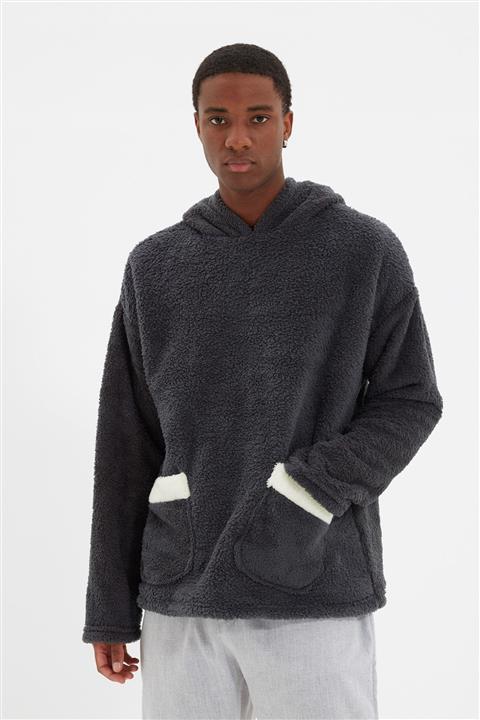 TRENDYOL MAN Petrol Erkek Oversize Peluş Kapüşonlu Pijama Üstü TMNAW22PU0003