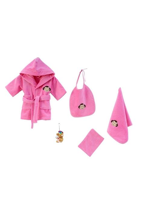 Class Bebek Pembe Maymun Desenli Fuşya 5 Parça Kadife Pamuklu Bornoz Seti