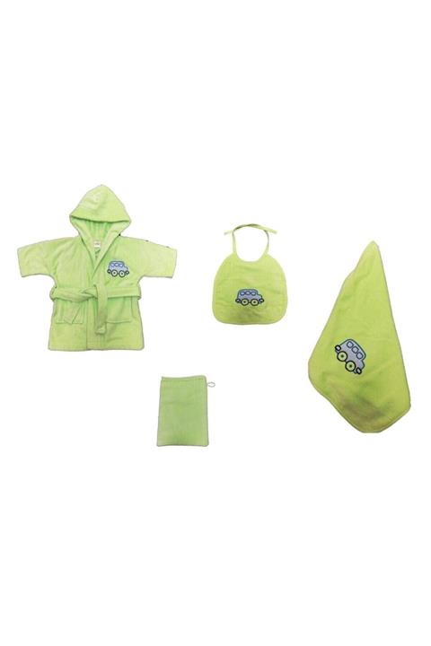 Class Araba Desenli Yeşil 5 Parça Kadife %100 Pamuklu Bebek Bornoz Seti