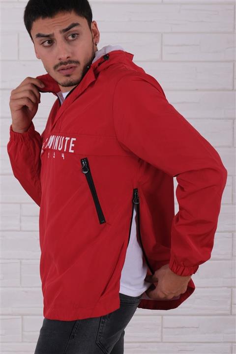 Arlin Erkek Cepli Yarı Pat Fermuarlı Kapşonlu Kırmızı Yağmurluk