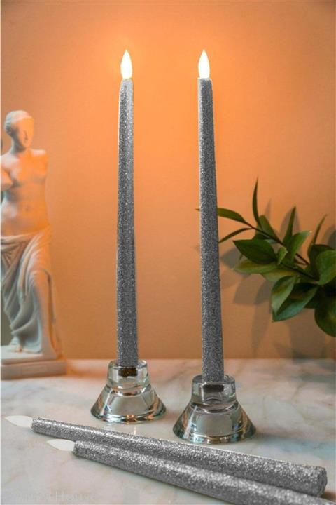 Aker Hediyelik Kokusuz Şamdan Mum Pilli Led Mum Çeşitleri 1 Adet Gümüş Simli Şamdan Mumu Candles