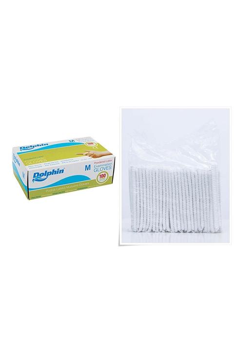 Dolphin Pudralı Lateks Beyaz Eldiven 100 M Beden+ Beyaz Bone 100 Adet Tek Kullanımlık Çift Lastikli