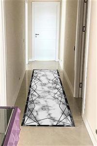 dessan home Kenar Bordur Ortası Mermer Desenli Geometrik Dijital Baskılı Kaymaz Tabanlı Yolluk