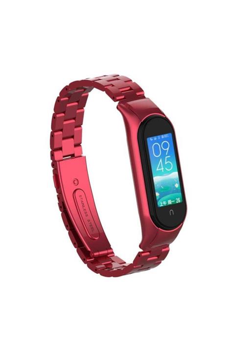 Xiaomi Mi Band 5 Uyumlu  Bakla Işlemeli Metal Kordon Kayış Kırmızı + Popsocket