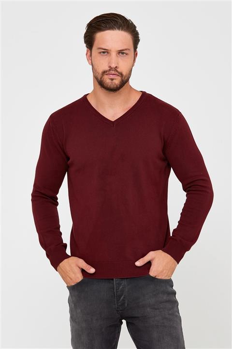 ENQUE Erkek V Yaka Triko Kazak Bordo