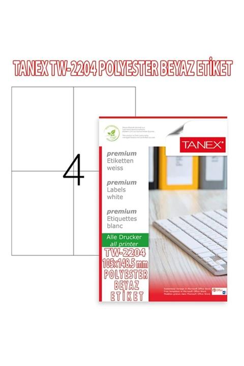Tanex Tw-2204 Polyester Beyaz Laser Etiket 105x148,5mm.25 Syf./100 Ad./pk