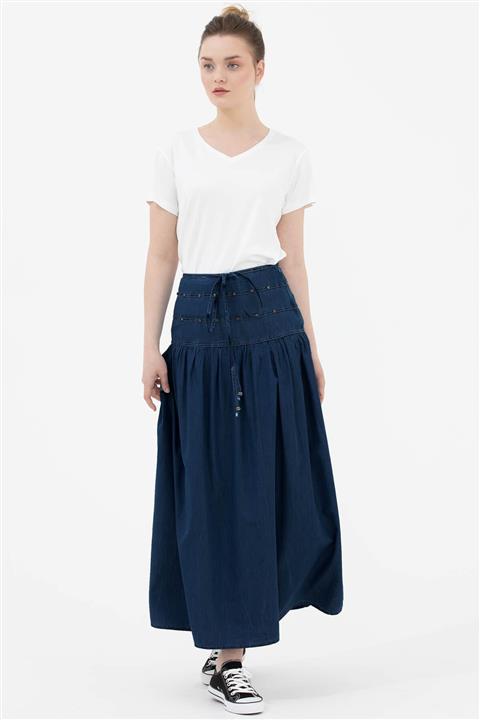 Sementa Robalı Taş Detaylı Uzun Denim Etek - Mavi