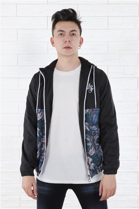 Arlin Erkek Fermuarlı Çiçekli Cepli Slim Fit Siyah Yağmurluk
