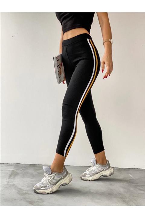 Desenist Termal Içi Yünlü Beyaz Sarı Çizgili Siyah Tayt