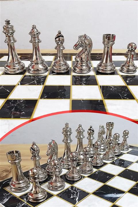 Oyuncak Filesi Metal Klasik Satranç Seti Büyük Boy 33x33 Cm Kaplama Mermer Sehpalı