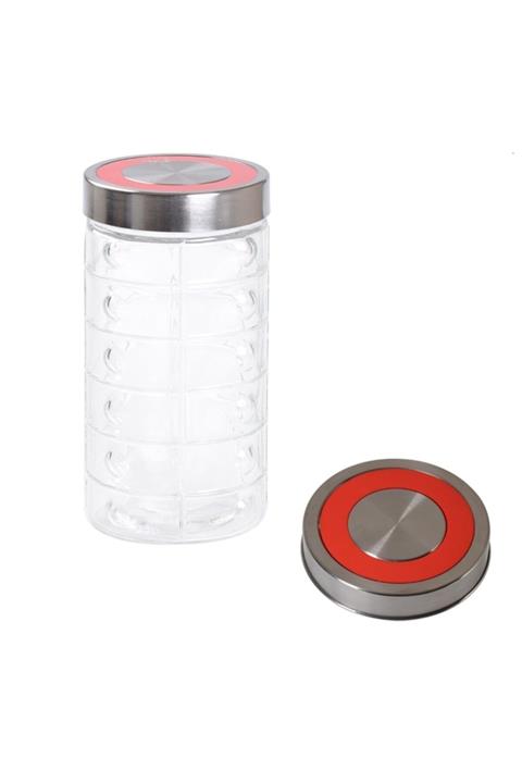 EREV Büyük Boy Kırmızı Şeritli Metal Kapaklı 2000cc Düğmeli Bakliyat Kavanozu 2 Lt