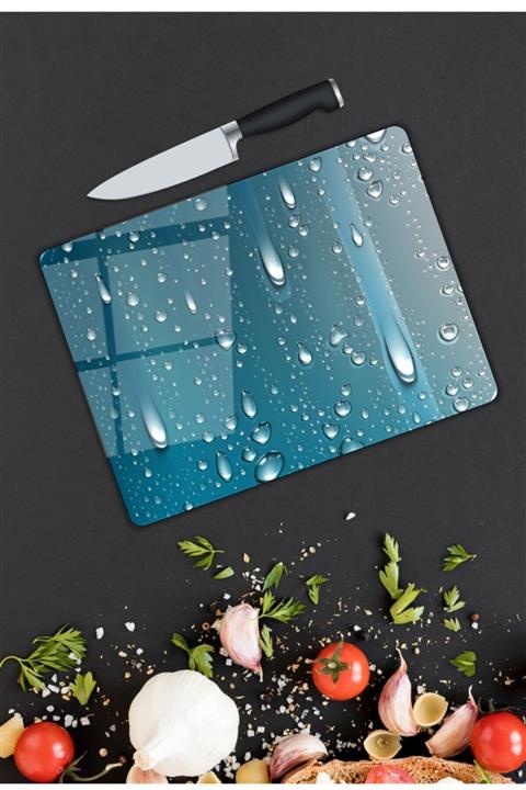 Pi Dekorasyon Su Damlacıkları Desenli Cam Kesme Tahtası  25 cm X 35 cm