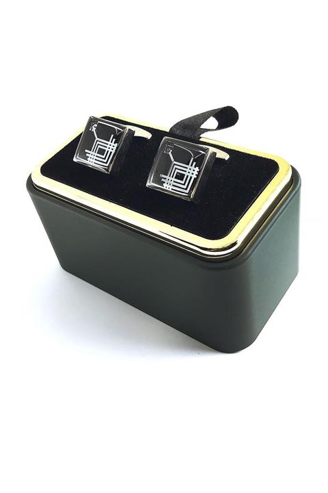 Kravatkolik Gümüş Renk Siyah Detaylı Kol Düğmesi Kd1348