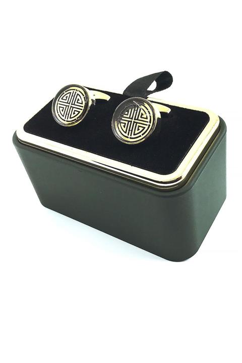 Kravatkolik Altın Renk Siyah Detay Yuvarlak Kol Düğmesi Kd1567