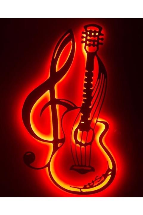 BİR2BİR HEDİYELİK Gitar Ledli Duvar Süsü Mdf Tablo Duvar Aksesuarı Ahşap Tablo