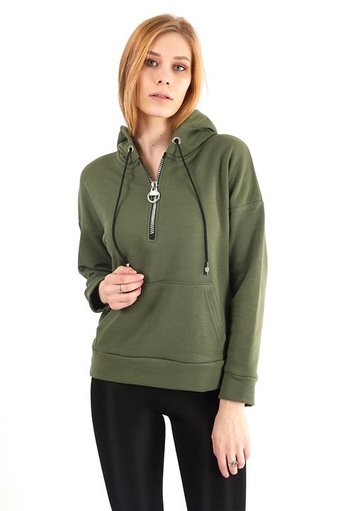 NORTHSTAR FASHİON Kadın Yarım Fermuarlı Kapüşonlu Baskılı Sweatshirt