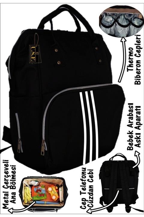 USF Bebek Bakım Çantası Anne Bebek Bakım Sırt Çantası Dik Çizgili Siyah