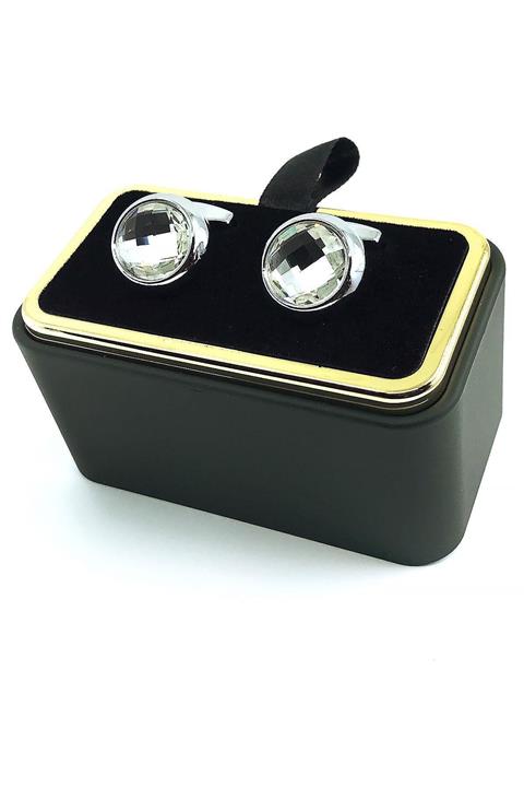 Kravatkolik Gümüş Renk Yuvarlak Kristal Taşlı Kol Düğmesi Kd1596