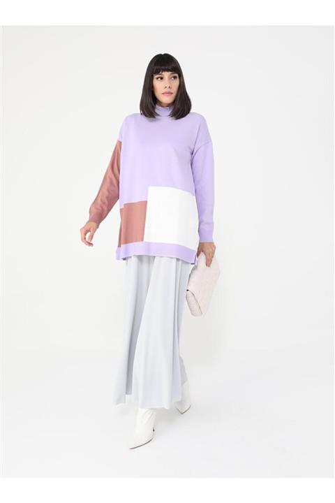 Tavin Color Blok Boğazlı Yaka Triko Tunik - Lila Gül -