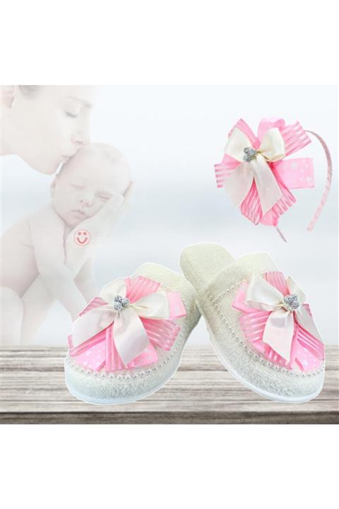 Süsle Baby Party Lohusa Terlik Ve Taç Seti, Fiyonklu Pembe