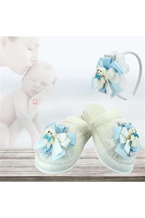 Süsle Baby Party Lohusa Terlik Ve Taç Seti, Ayıcıklı Mavi