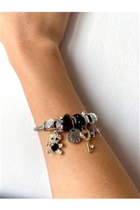 S&E TASARIM Swarovski Ayıcık Charmlı Siyah Detaylı Çelik  Charm Bileklik