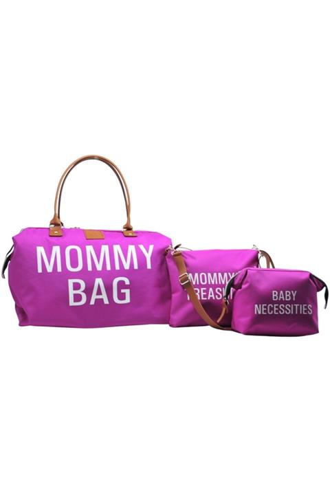 Babysi Mommy Bag Exclusive Tasarım 3'lü Set Fuşya Baby Anne Bebek Bakım ve Kadın Çantası