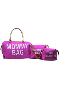 Babysi Mommy Bag Exclusive Tasarım 3'lü Set Fuşya Baby Anne Bebek Bakım ve Kadın Çantası
