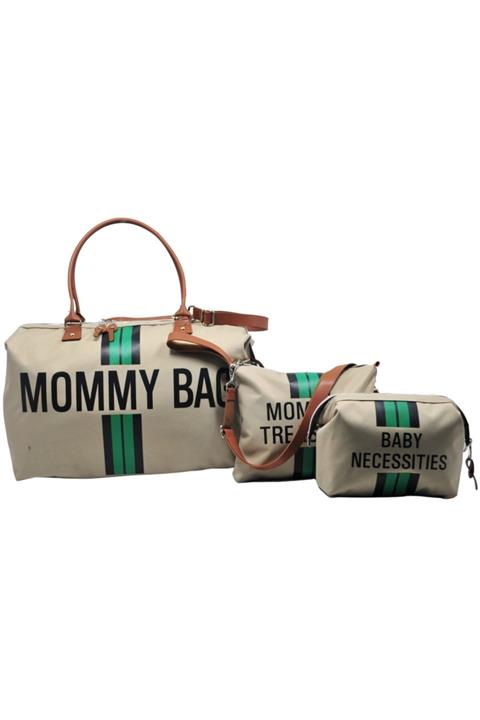 Babysi Mommy Bag Tasarım Yeşil Çizgili 3 Lü Set Bej Baby Anne Bebek Bakım Ve Kadın Çantası