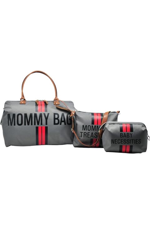 Babysi Mommy Bag Tasarım Çizgili 3 lü Set Gri Baby Anne Bebek Bakım ve Kadın Çantası