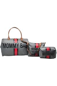 Babysi Mommy Bag Tasarım Çizgili 3 lü Set Gri Baby Anne Bebek Bakım ve Kadın Çantası