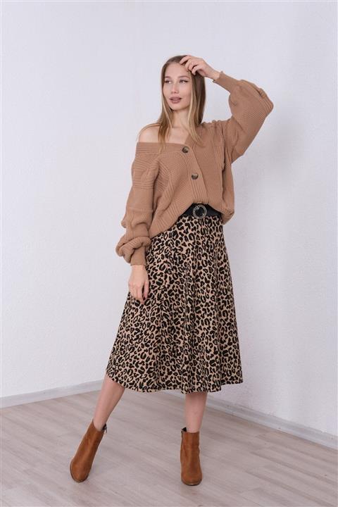 For Angels Vizon Leopar Desenli Midi Etek