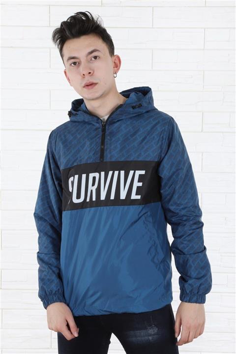 Arlin Erkek Baskılı Fermuar Detaylı Kapşonlu Indigo Yağmurluk