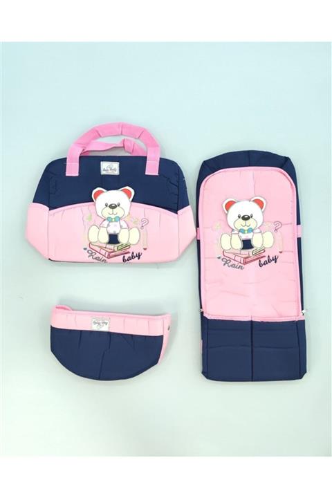 minicombin İkili Anne Çanta ve Portbebe Ayıcıklı Pembe Lacivert