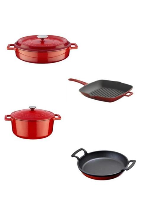 Lava Döküm Tencere ve Tava Seti Kırmızı 4 Parça