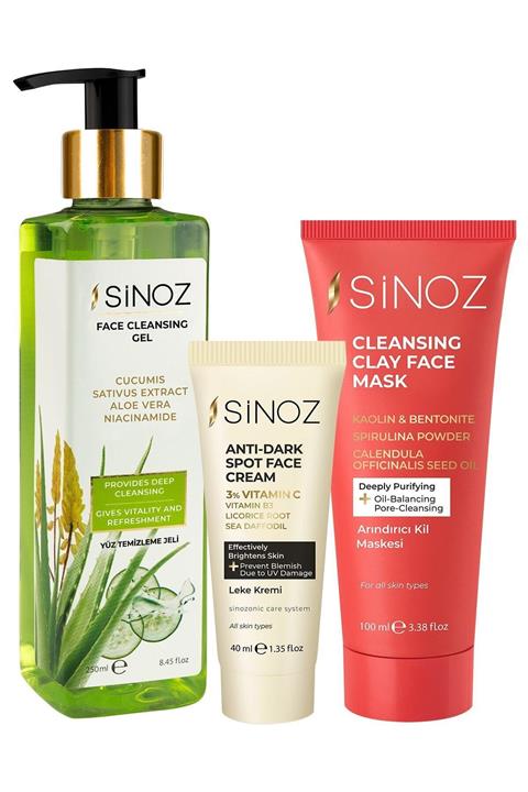 SİNOZ Yüz Temizleme Jeli + Leke Kremi + Kil Maskesi Seti