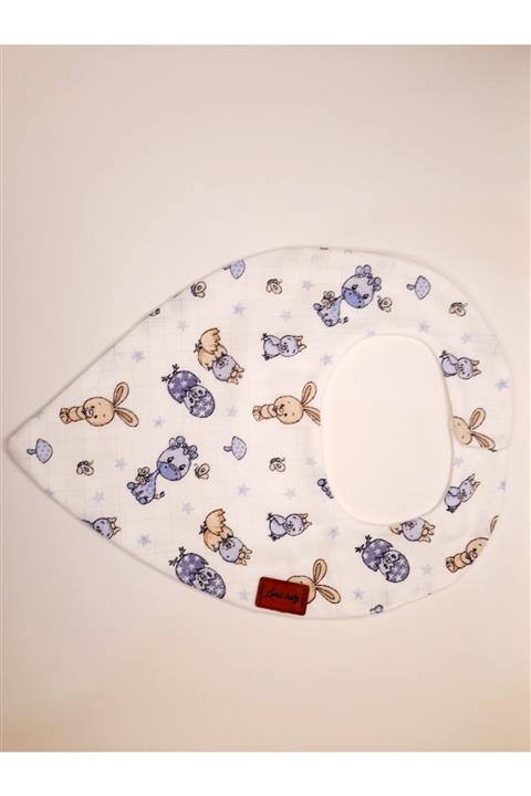 LUNA BABY Çift Katlı %100 Organik Müslin Üçgen Bebek Ve Çocuk Yakalık Mama Önlüğü (MAVİ ZÜRAFA DESEN MODELLİ)