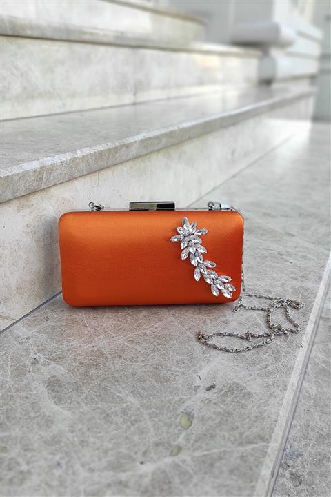 LA CALZATURE Turuncu Saten Abiye Yıldız Taşlı Portföy Kutu Çanta