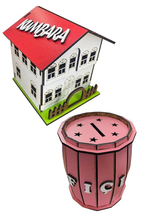 aktarix Ahşap Ev Kumbara Bahçe Çitli Ve Pembe Ahşap Fıçı 2'li Kumbara Seti