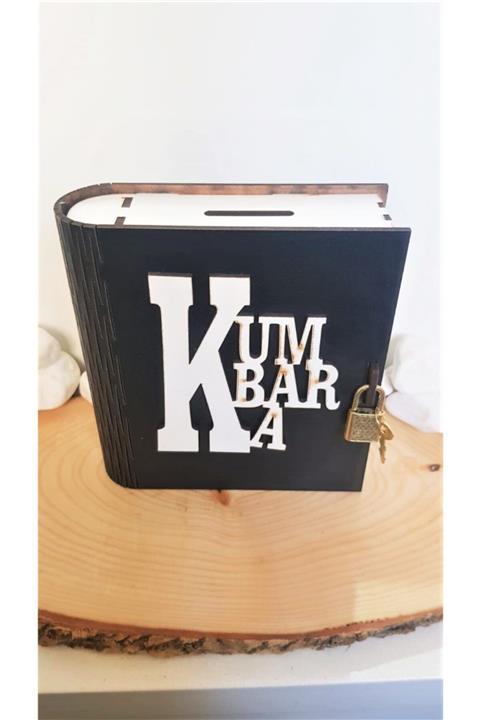 miski alem Ahşap Kitap Modeli Kilitli Kumbara Siyah