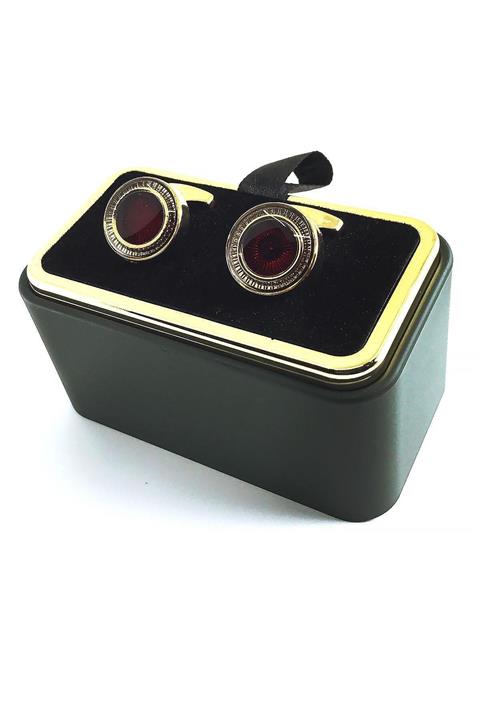 Kravatkolik Altın Renk Bordo Detaylı Yuvarlak Kol Düğmesi Kd1381