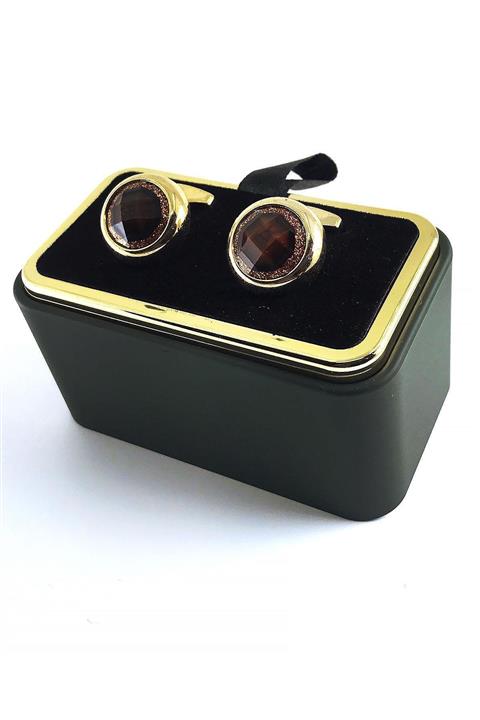 Kravatkolik Altın Renk Kahve Taşlı Yuvarlak Kol Düğmesi Kd1481