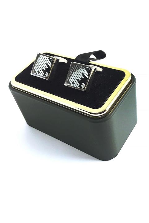 Kravatkolik Gümüş Renk Siyah Gümüş Detay Kare Kol Düğmesi Kd1505