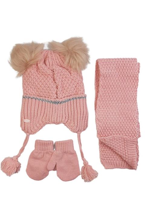 Kamus Ponponlu Tek Çizgi Çocuk Atkı Bere Eldiven Seti Pembe