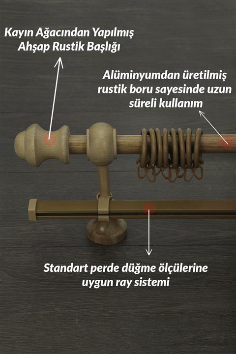 HLMSTOR 200 Cm Meşe Açık Kahve Ahşap Rustik Perde Askısı - Raylı Rustik Boru