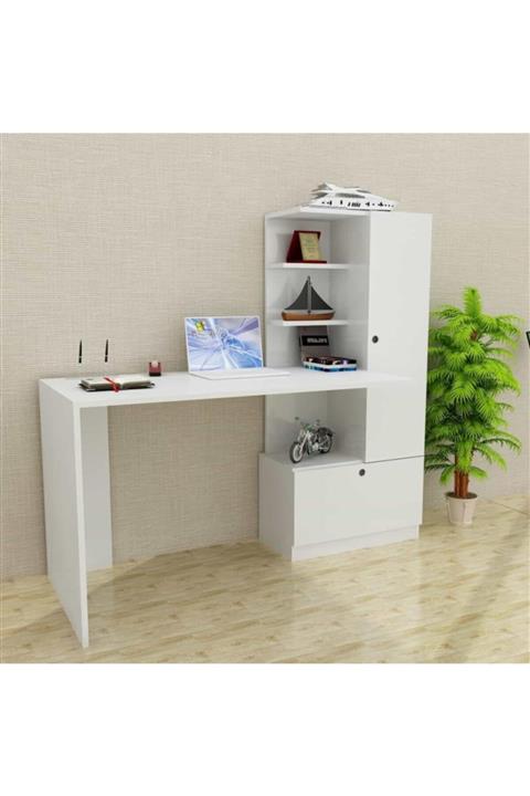Dekorister Merinos Kitaplıklı Çalışma Masası Beyaz