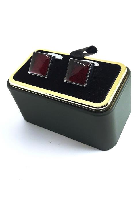 Kravatkolik Gümüş Renk Kare Kırmızı Detay Kol Düğmesi Kd1467