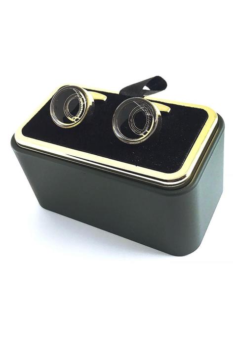 Kravatkolik Altın Renk Siyah Detaylı Yuvarlak Kol Düğmesi Kd1410