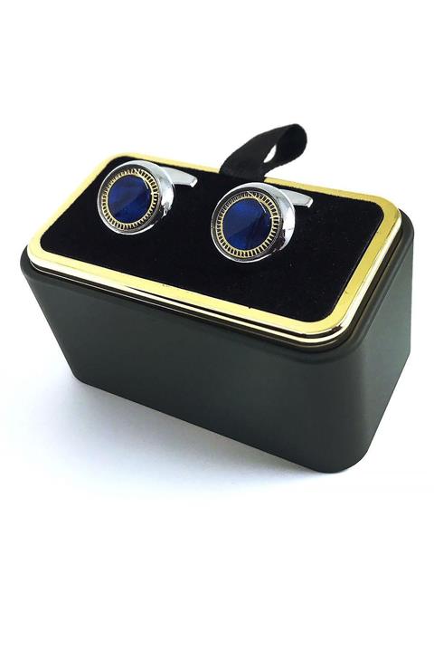 Kravatkolik Gümüş Renk Lacivert Detay Yuvarlak Kol Düğmesi Kd1429